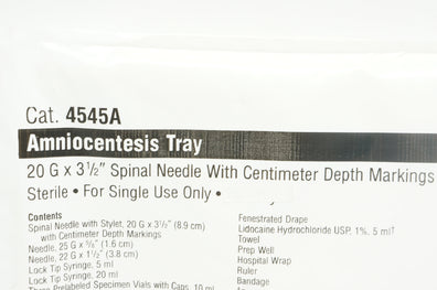 CareFusion 4545A Amniocentesis Tray With Spinal Ndle 20 G x 3 1/2 inch